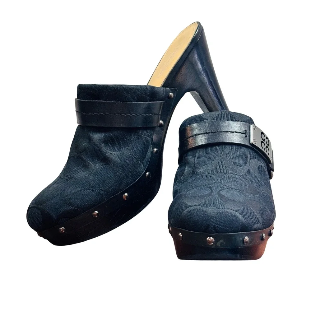 Coach Ivy Black Signature Jacquard Studded Wooden Platform Clogs Mules F2370 8B